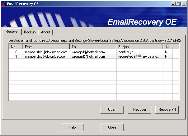 EmailRecovery OE Screenshot